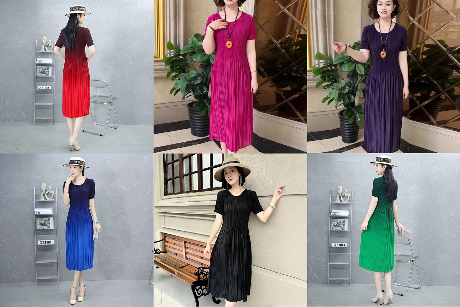 HF-DSDS00: Spring and summer short-sleeved linen silk high elastic pleated dress pleated skirt w/Fradient or Solid Color