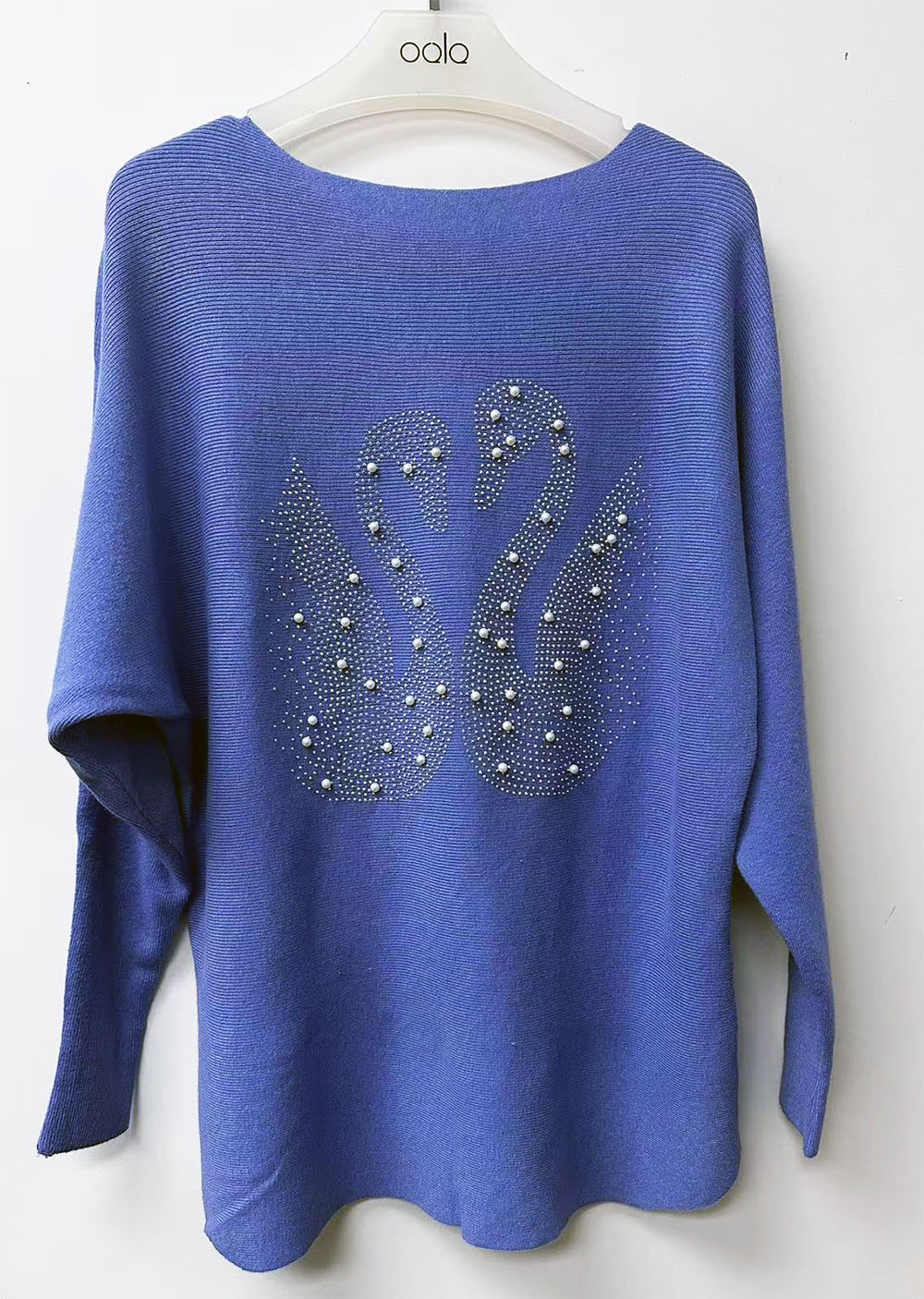 HF-SWT12: Dolman Sleeve Loose Thin Pullover Solid Color Flat Neck Sweater w/Swan printing