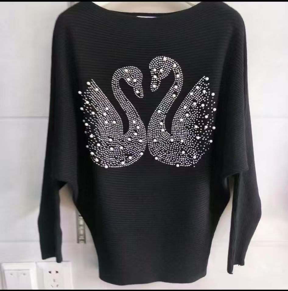 HF-SWT12: Dolman Sleeve Loose Thin Pullover Solid Color Flat Neck Sweater w/Swan printing